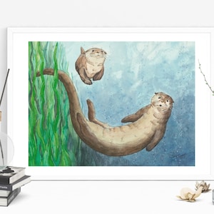 River Otters Poster, Print of Original Watercolor, Fresh Water Wildlife