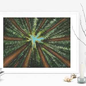 May include: A watercolor painting of a forest scene, viewed from below, with the tops of the trees reaching up towards a bright blue sky. The trees are painted in shades of green and brown, with a few hints of blue in the sky.