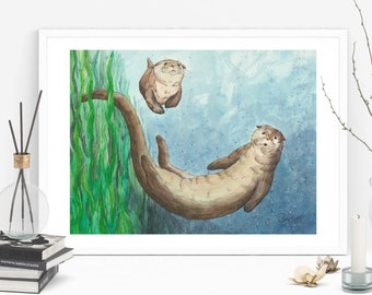 Flussotter Poster, Druck von Original Aquarell, Süßwasser Wildtier