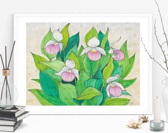 Showy Lady Slipper, Druck von Original Aquarell, Einzigartige Orchidee Blume