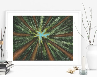 Redwood Tree Forest, Druck von Original Aquarell, Mammutbaum Unikat Perspektive