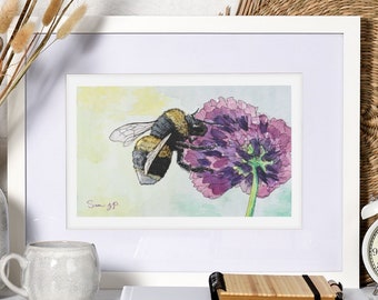 Bumble Bee lover gift, Entomologist Present, Bug Lover Poster, Print of Original Watercolor, Floral Insect Fine Art, Gift for Insect Lover