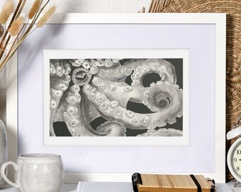 Oktopus Kunst, Druck von Original Tusche Illustration, Küsten Fine Art