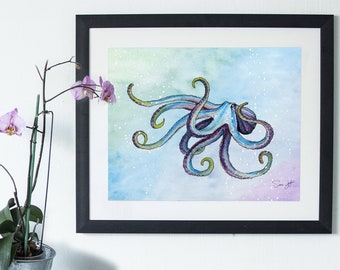 Bunte Oktopus, Druck von Original Aquarell, Ocean Fine Art