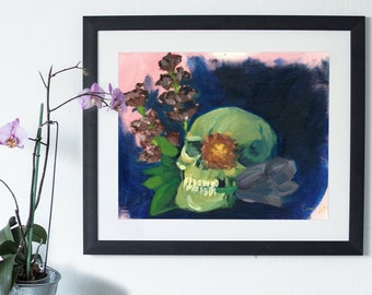 Totenkopf und Blumen Kunstwerk, Druck von Original Ölgemälde, Botanische Kunst