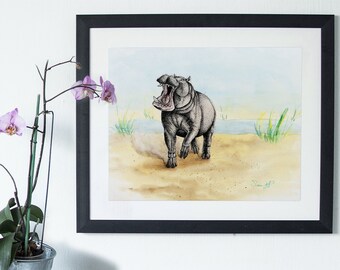 Nilpferd Illustration, Druck von Original Aquarell, Nilpferd Fine Art