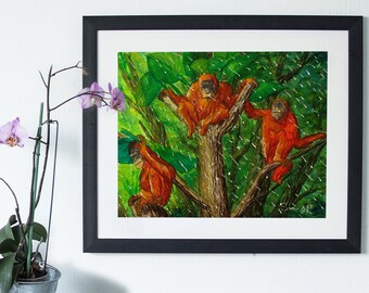 Orang-Utan-Truppe, Druck von Original Aquarell, Dschungel Fine Art
