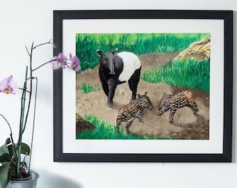Malaiischer Tapir Druck von Original Aquarell, Tropischer Regenwald Fine Art Geschenk für Tierliebhaber
