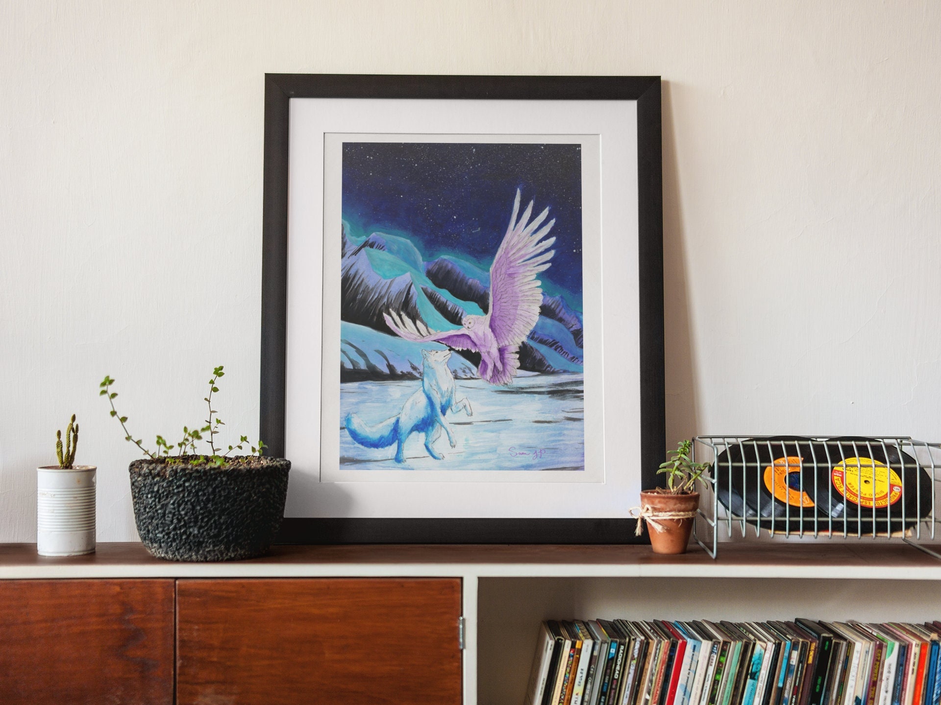 Whimsical Artic Fox & Snowy Owl Poster, Winter Lover Unique Gift, Print of Original Painting, Wi