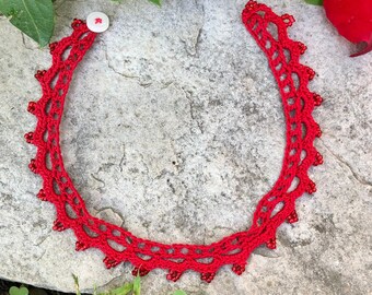 Red Beaded Choker, Red Lace Necklace, Crochet Choker, Boho Jewelry, Statement Jewelry, Festive Necklace, Artisan Gift, Boho Jewelry Gift