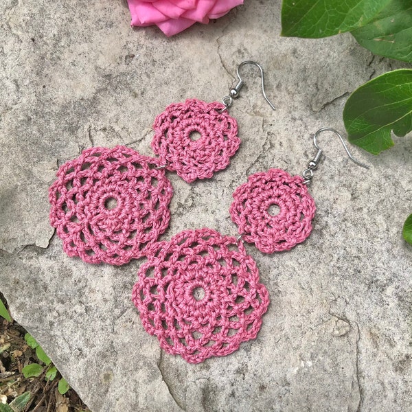 Pink Lace Earrings, Mauve Earrings, Long Boho Earrings, Mandala Earrings, Dusty Rose Jewelry, Doily Earrings, Bohemian Jewelry, Boho Gift