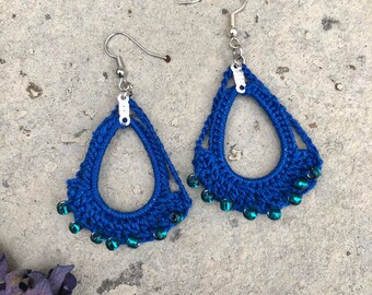 Royal Blue Chandelier Earrings, Beaded Teardrop Earrings, Crochet Earrings, Bohemian Jewelry, Blue Beaded Earrings, Boho Statement Jewelry