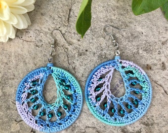 Mermaid Earrings, Large Hoop Earrings, Blue Beaded Tassel Hoop Earrings, Crochet, Teal Blue Earrings, Artisan Gift, Bohemian Jewelry