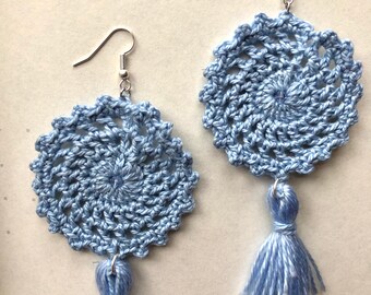 Baby Blue Tassel Earrings, Doily Earrings, Blue Mandala Earrings, Boho Festival Jewelry, Sky Blue Earrings, Bold Lightweight Jewelry