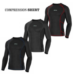May include: Three long-sleeve compression shirts with the text COMPRESSION SHIRT visible. Each black shirt features the brand name sikma on the chest and distinct contrast stitching in blue, grey, or red along the sides and sleeves.