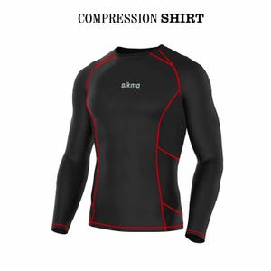 May include: A black long-sleeve compression shirt with red stitching accents along the seams and the word sikma printed in white on the chest. The text COMPRESSION SHIRT appears in black above the garment against a plain white background.
