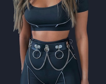 BLACK two piece set crop top and shorts with reflective panel stretchy material set | festival | rave | concert outfit co ord set