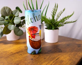 Handmade Aloha Tropical 20oz Stainless Steel Tumbler, drink, hot, cold, straw, Hawaii, vacation, gift