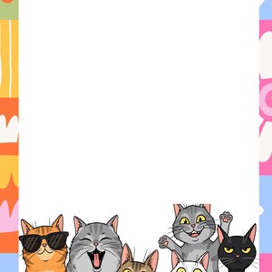 Peut inclure: Illustration colorée avec six chats de dessin animé aux expressions variées. L'un porte des lunettes de soleil, un autre rit et un troisième fait un signe de la main. Le fond est un espace blanc encadré par une bordure colorée avec des motifs floraux et géométriques.