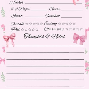 May include: A pink book review sheet with decorative pink bows and floral accents. The sheet includes sections for title, author, genre, and notes. The words "Book Review" are at the top.