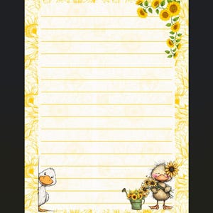 Könnte beinhalten: Ein liniertes Notizbuch mit einem skurrilen Sonnenblumen- und Enten-Thema. Das Notizbuch hat ein gelbes und weißes Farbschema, mit einer Cartoon-Ente, die Sonnenblumen hält. Der Rand ist mit Sonnenblumen-Illustrationen verziert.