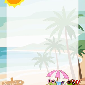 May include: A cheerful illustration of a beach scene with a smiling sun in the upper left corner. Two cartoon frogs relax in beach chairs under a pink and white striped umbrella. A wooden sign points to the beach.