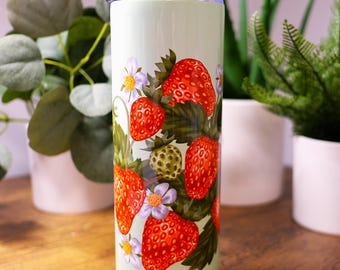 Handmade Strawberry 20oz Stainless Steel Tumbler, hot, cold, drink, straw, trending, red, girl, bottle