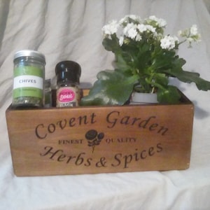 HERBS AND SPICES Covent Garden Wooden box in a vintage style. Height 11 cm Width 28 cm. Valentine&#39;s gift.