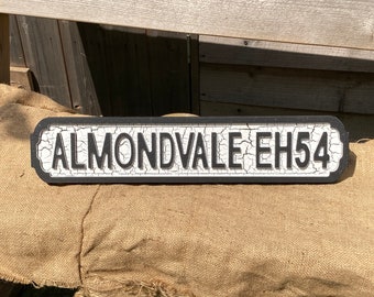 Retro vintage style ALMONDVALE EH54 rustic Livingston football street sign. Comes with hanging hook fitted.