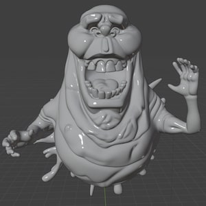 Può includere: Scultura 3D del personaggio Slimer di Ghostbusters. La figura è grigio chiaro, con una grande bocca aperta, sporgenze appuntite e braccia tese. Il design del personaggio è dettagliato, con denti e pieghe visibili.