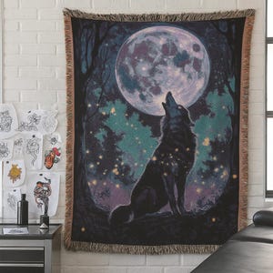 Full Moon Wolf Woven Blanket, Fantasy Cozy Throw, Celestial Home Decor, Perfect Gift for Werewolf Lovers, Witchy Blanket