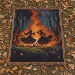 Dancing Witches Woven Blanket for Home Decor, Fantasy Witchcraft Throw Blanket for Warmth, Halloween Gift, Living Room Bedroom, Cozy Vibes