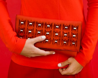 Designer Red Handbag - Envelope Red Clutch, Statement Clutch Bag, Avant Garde accessories, Elegant Genuine purse.