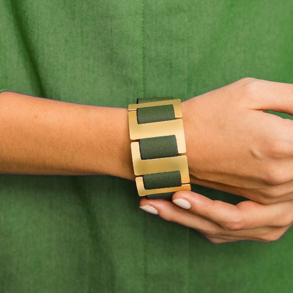 Gold & Green Statement Bracelet - Elegant Cuff Bracelet, Wide Evening Bracelet, Modern Jewelry for Event