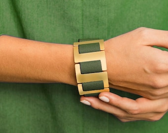 Gold & Green Statement Bracelet - Elegant Cuff Bracelet, Wide Evening Bracelet, Modern Jewelry for Event