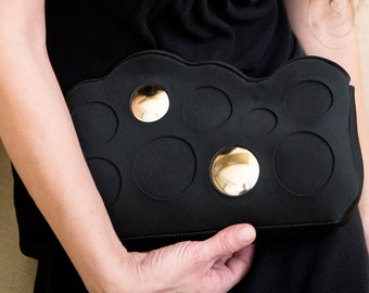 Avant Garde Clutch Bag - A Statement Neoprene Fabric Purse, Black & Gold Evening Bag.