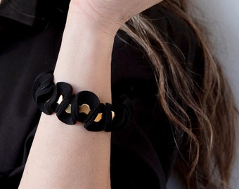 Black & Gold Nature Inspired Statement Bracelet - An elegant and delicate fabric cuff bracelet, Avant Garde Jewelry