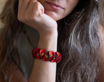 Red Statement Bracelet - Chic and Delicate Textile Cuff, Elegant Avant Garde Bracelet.