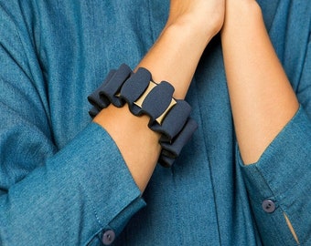 Blue Gold Statement Bracelet -  Cuff Elegant Bracelet, Wide Evening Bracelet, Modern Avant Garde Jewelry.