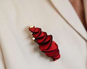 Red Fabric Statement Brooch in a Unique Floral Avant Garde Design, With a Gold Plated Base.