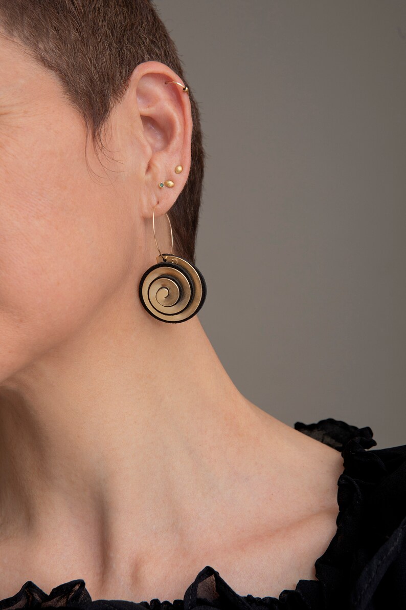 Black & Gold Spiral Statement Earrings Elegant Textile Earrings, Avant Guard Fashion Accessories image 3