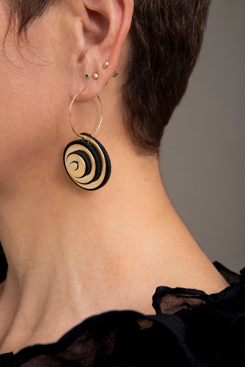 Black & Gold Spiral Statement Earrings Elegant Textile Earrings, Avant Guard Fashion Accessories image 2