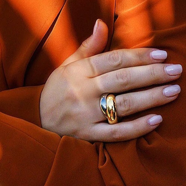 Doppelter Bandring, zweifarbiger Ring, Gold und Silberring, verdrehter Ring, dicker Ring, Luxusring, anlaufgeschützt, breiter Ring