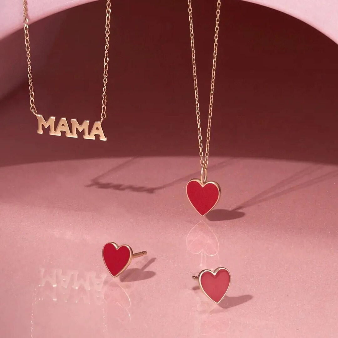 14k Solid Gold Heart Jewelry, Red Heart Necklace, Red Heart Stud