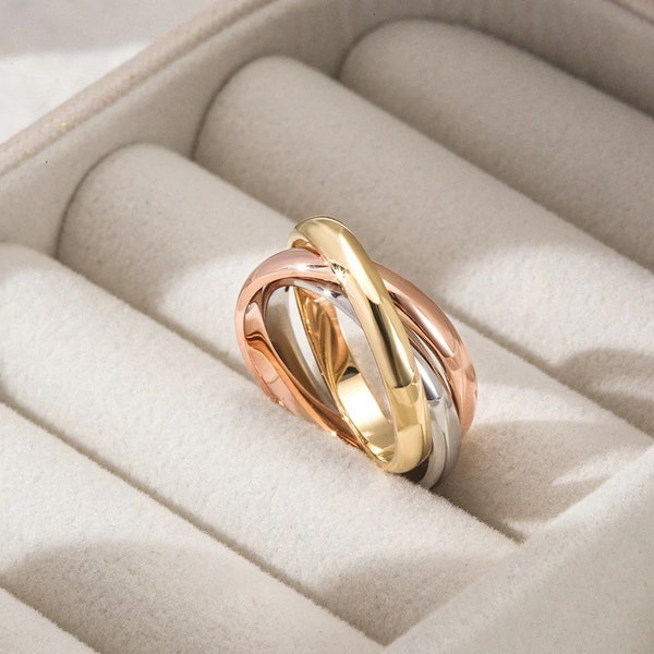 Tri Tone Ring, Non Tarnish, Gold Silver & Rose Gold, Triple Ring, Statement Ring, Stackable Ring, Luxury Ring, Trendy Jewelry, Dainty Ring