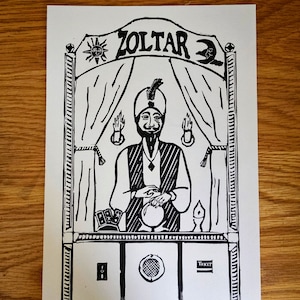 Zoltar black and white original linocut print