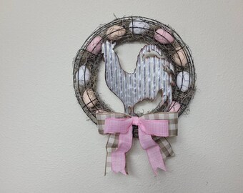 Pink & Natural Buffalo Plaid Check Chicken Egg Cage Wreath Farmhouse Burlap