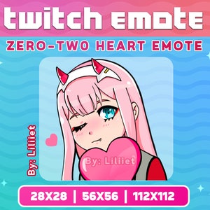 May include: A pink and red anime character with pink hair and blue eyes is holding a pink heart with the text "By: Liliiet" on it. The character is winking and smiling. The background is blue with white wavy lines. The text "twitch emote" is at the top of the image. The text "ZERO-TWO HEART EMOTE" is below the text "twitch emote". The text "By: Liliiet" is on the left side of the image. The text "28X28 | 56X56 | 112X112" is at the bottom of the image.