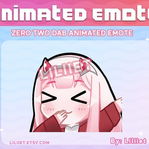 Pode incluir: Emoticon animado de um personagem de anime de cabelo rosa com chifres, vestindo uma jaqueta vermelha, fazendo um dab. O texto "ZERO TWO DAB ANIMATED EMOTE" está acima do personagem.