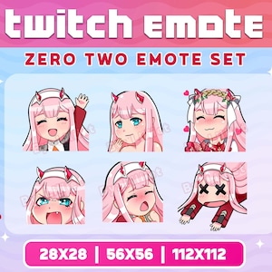 May include: A set of six Twitch emotes featuring a pink-haired anime character with different expressions. The emotes are in a grid format with the text "ZERO TWO EMOTE SET" above the grid and "By: Lilliet" to the left of the grid. The emotes are in various sizes: 28x28, 56x56, and 112x112.